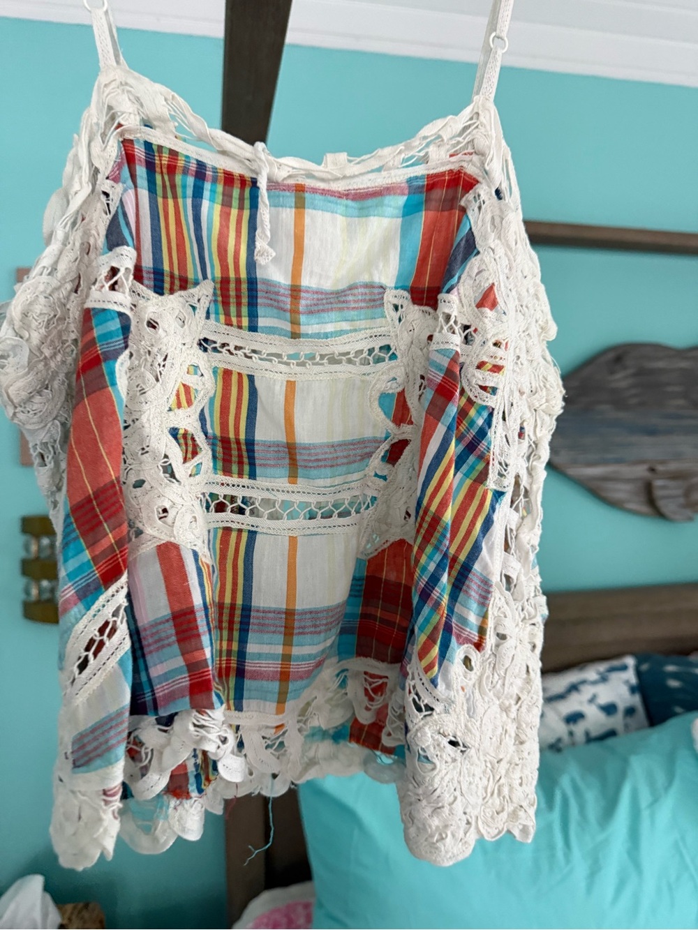 Free People Multicolor Plaid Crochet Trim Cami - White Crochet - Picture 2 of 5